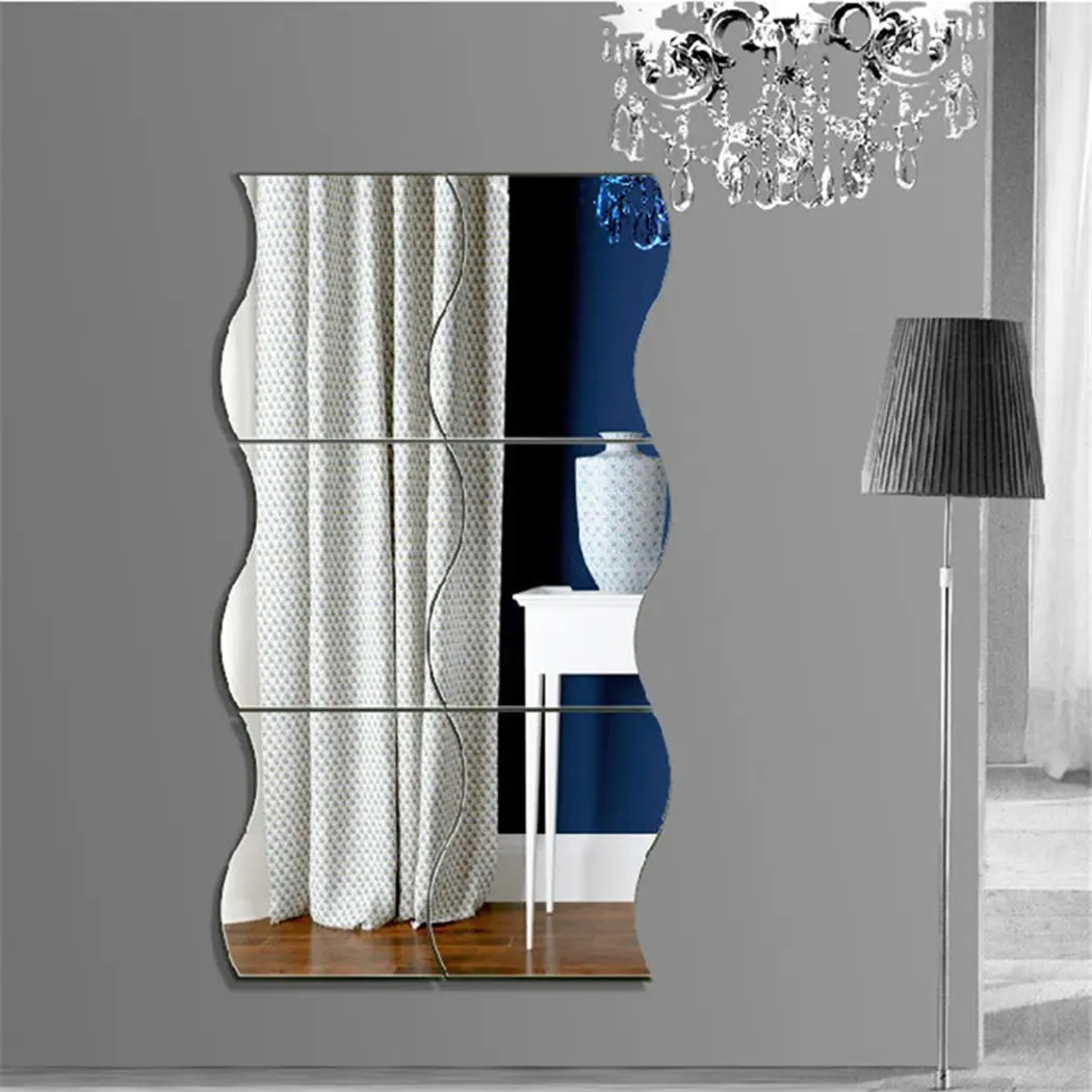 6 PCS 3D Wave Square Adhesive Decals Wave Shape Mirror Wall Stickers DIY Mirror Wall Art Decals Bathroom Living Room Decor