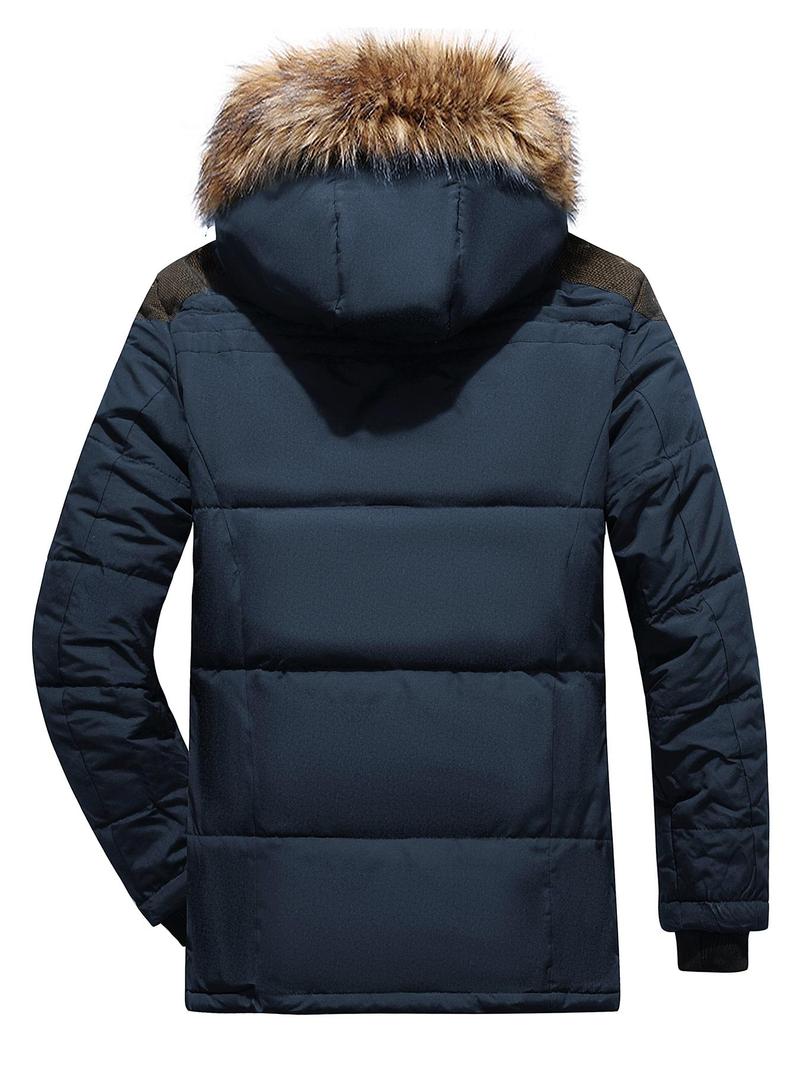 Product Introduction of Men's Contrast Faux Fur Trim Pocket Hooded Thermal Jacket, Regular Fit Casual Long Sleeve Button Front Warm Outerwear for Winter, Men's Clothes for Daily Wear 7