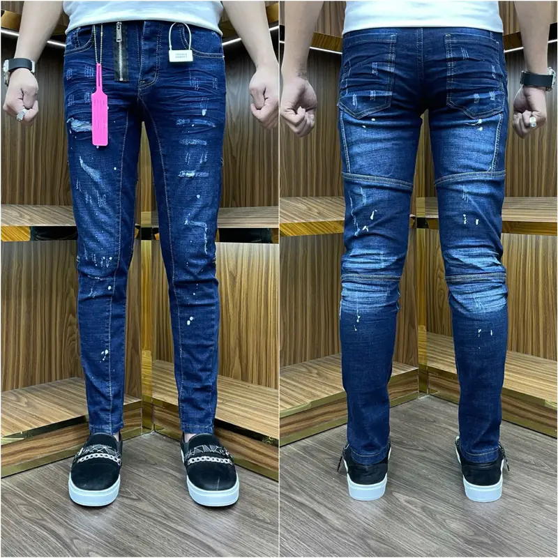 Quần Jeans nam xám bạc rách khóa lệch sước bốn cúc 4