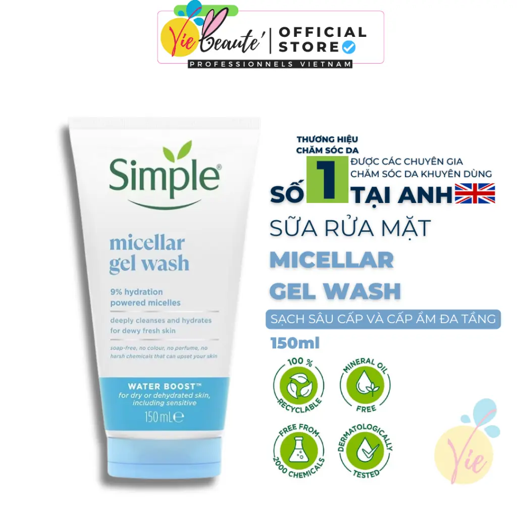 Gel Rửa Mặt Simple Micellar Gel Wash 150ml giúp làm sạch da hiệu quả, loại bỏ bã nhờn trên da