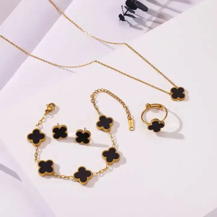 Bộ Bốn Món Cỏ Bốn Lá May Mắn, Vòng Tay, Vòng Cổ, Bông Tai, Nhẫn, 18K, Dành Cho Phụ Nữ, Đồ Trang Trí, Năm 2024 Titan Voi Móc Chìa Khoá