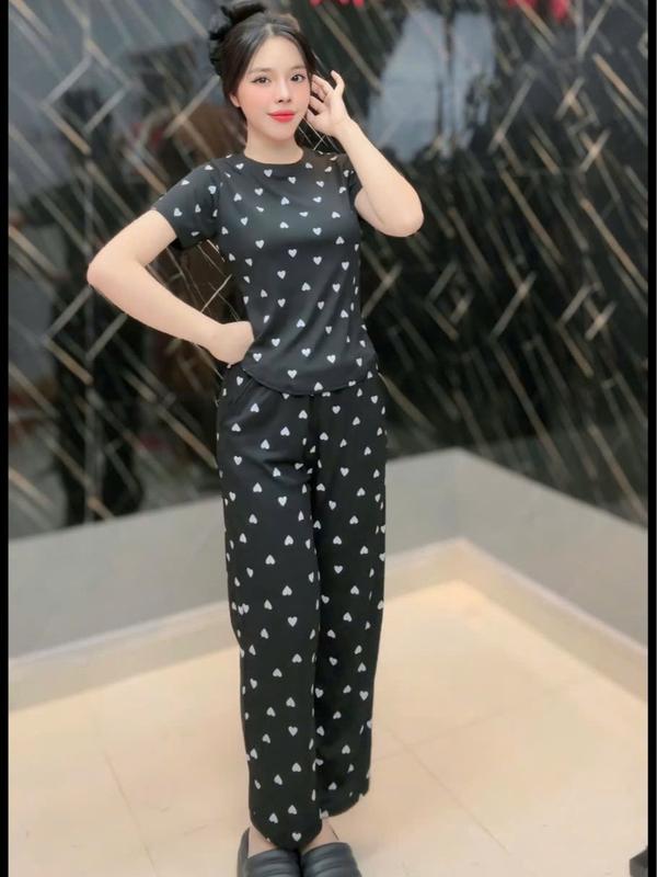 B-56 Bộ Thun Tăm In hình tim Áo cổ Tròn Nữ HOT HIT 2