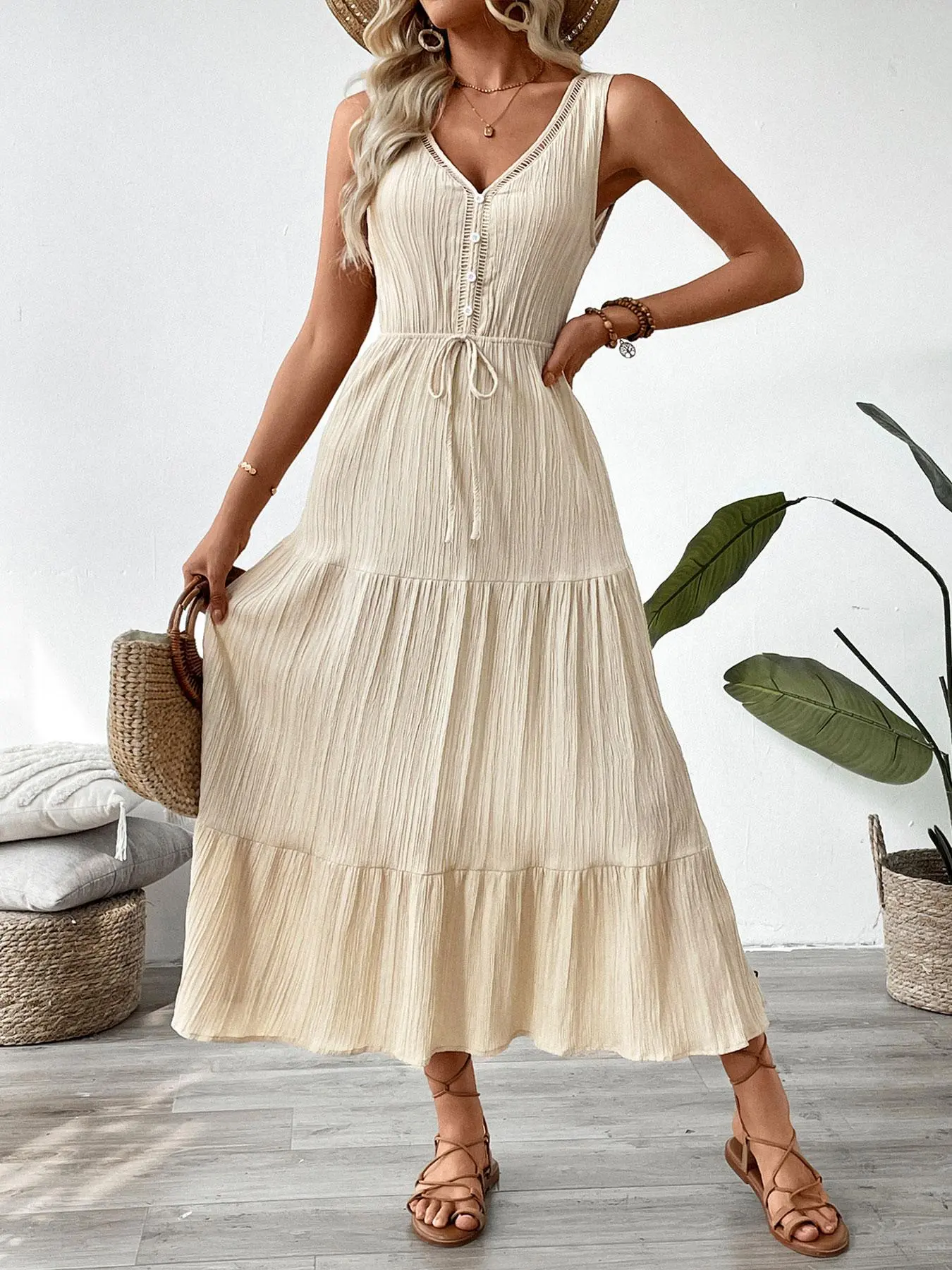 Women's Plain V Neck Tank Dress, Casual Sleeveless  Tie Front Dress for Summer, Ladies Clothes for Beach Holiday Vacation