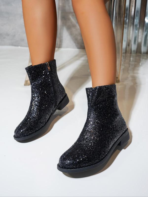 Women's Glitter Zipper Design Ankle Boots, Elegant Round Toe Chelsea Boots for Fall & Winter, Female All-match Trendy Shoes for Daily Wear Girl Footwear 0