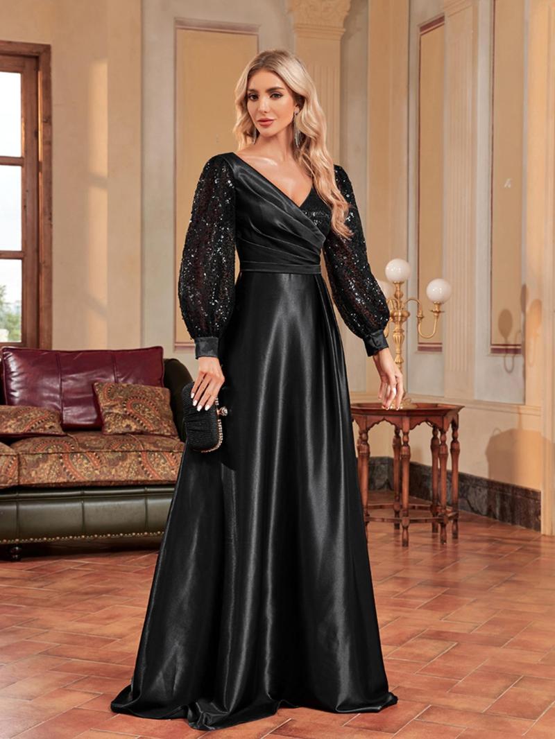 Product Introduction of Women's Glitter Sequin Contrast Mesh Wrap V Neck A Line Evening Dress, Elegant Bishop Sleeve Maxi Evening Party Gown, Ladies Spring & Fall Clothes 3