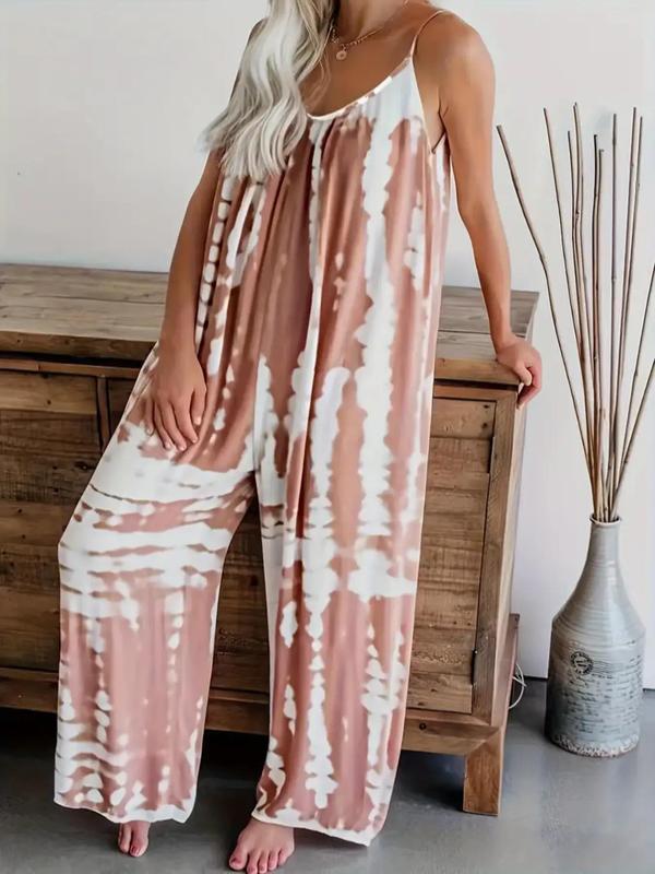 Plus Size Tie Dye Print Backless Cami Jumpsuit, Boho Sleeveless Spaghetti Strap Wide Leg Jumpsuit for Beach Vacation Holiday, Women's Plus Clothing for Summer 2