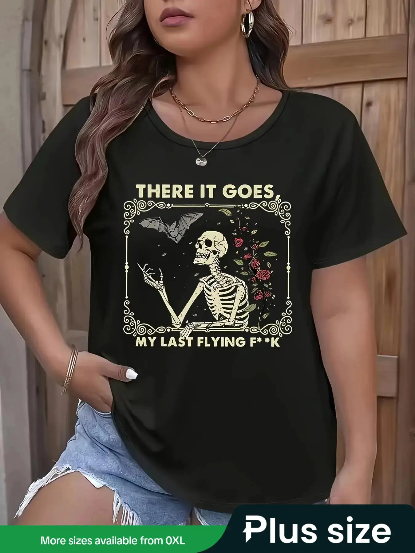 【Plus Size】 Rose & Skeleton Print Round Neck Tee, Fashion Casual Crew Neck Short Sleeve T-shirt for Daily Outdoor Wear, Women Clothing for Summer
