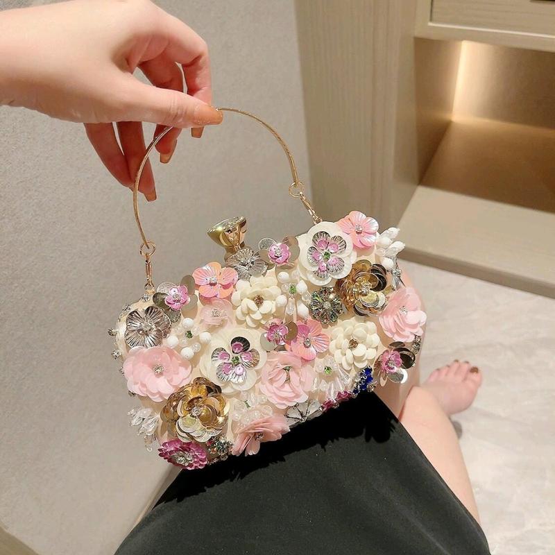 Túi Xách Nữ Đeo Chéo Clutch Cầm Tay Cốp Đi Tiệc Quai Kiềng Đính Hoa Kèm Dây Xích Size 20 HÀNG QC Woman Bag Nhung Kem Da túixinh tuixach ditiec Đinh tuigiare tuinu tui cop tui di tuixinh giare đá