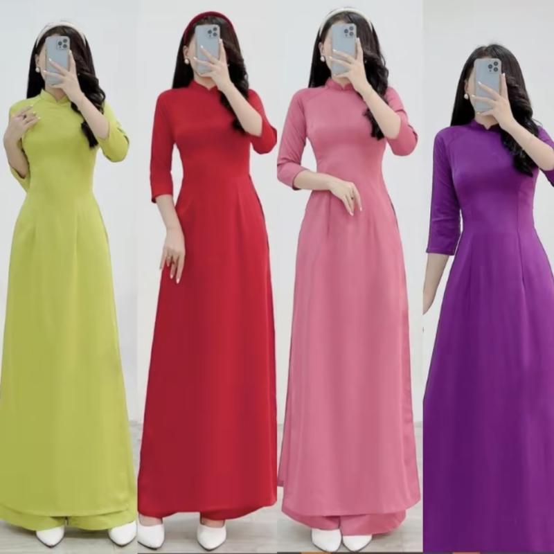Bộ áo dài trơn { cả Áo và Quần } vải lụa mềm mịn, co giãn, dáng truyền thống, tà A, cổ chữ V , nhiều màu