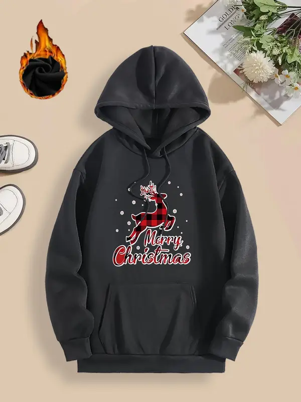 Women's Christmas Themed Letter & Reindeer Print Drop Shoulder Hoodie, Fashion Casual Drawstring Pocket Hooded Sweatshirt for Daily Holiday Outdoor Wear, Ladies Clothes for Fall & Winter 4