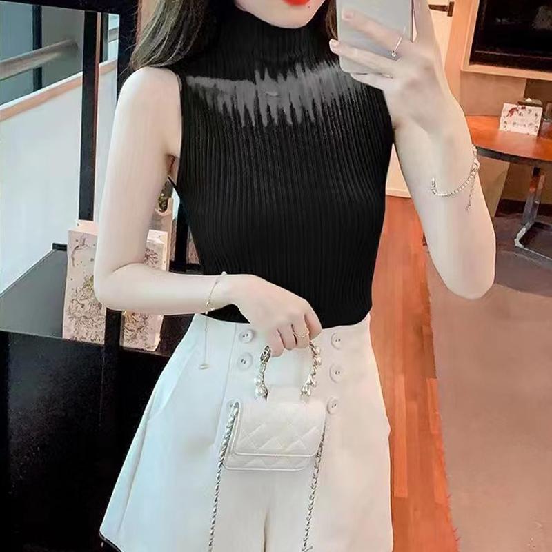 Áo Vest Dệt Kim Phong Cách Hàn Quốc Mùa Hè Cổ Lọ Hở Mỏng Dành Cho Nữ Màu Trơn Không Tay Áo Ba Lỗ