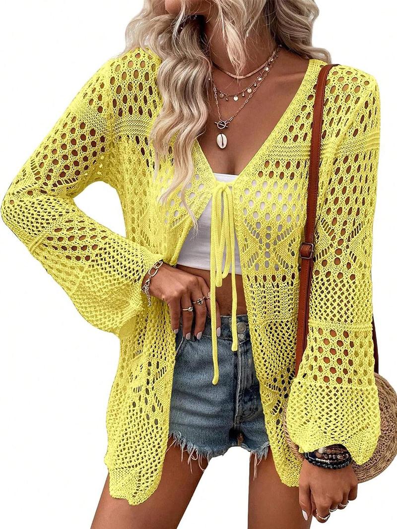 Product Introduction of Women's Solid Color Hollow Out Crochet Cardigan, Casual Long Sleeve Open Front Knitwear for Summer, Fashion Women's Knit Clothing for Beach Vacation 2