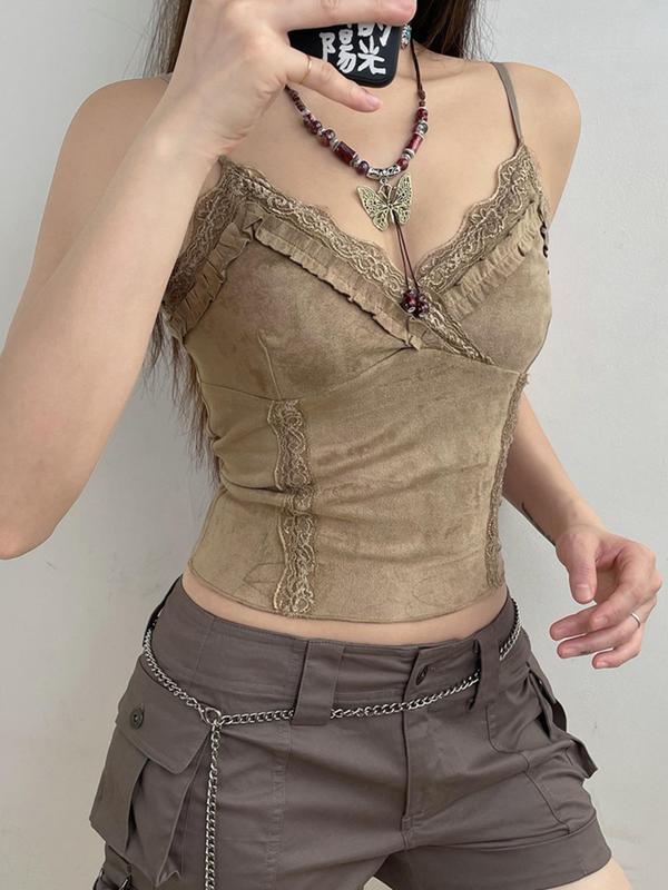 Women's Contrast Lace Cami Crop Top without Necklace, Summer Clothes, Solid Frill Trim Spaghetti Strap Top for Summer, Women's Clothing for Daily Wear 5