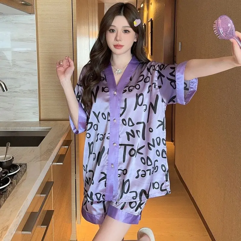 Bộ Đồ Ngủ Lụa Lạnh Dành Cho Phụ Nữ, Phong Cách Mùa Hè, Phong Cách Ins, Thời Trang Hoạt Hình Người Nổi Tiếng Trên Internet, Đồ Mặc Ở Nhà Bằng Lụa, Bộ Ngắn Tay Và Quần Đùi