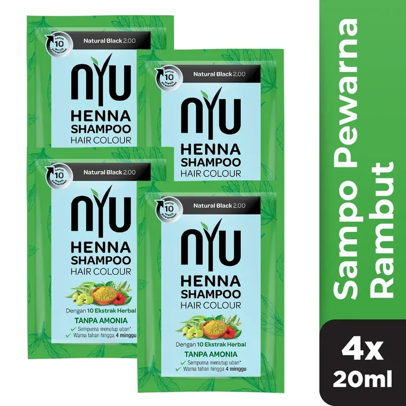 NYU Henna Shampoo Hair Colour 1 BOX Isi 4 Sachet 20 ml - Shampo pewarna rambu Dye Cat Mengcover Uban Dalam 10 Menit 2