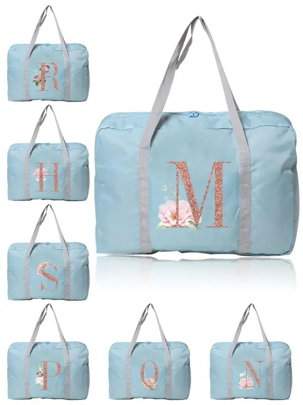 Letter & Floral Pattern Travel Bag, Large Capacity Organizer, Foldable Luggage, Tote Bag, Clothing Storage Duffel Bag, Travel Accessories 0