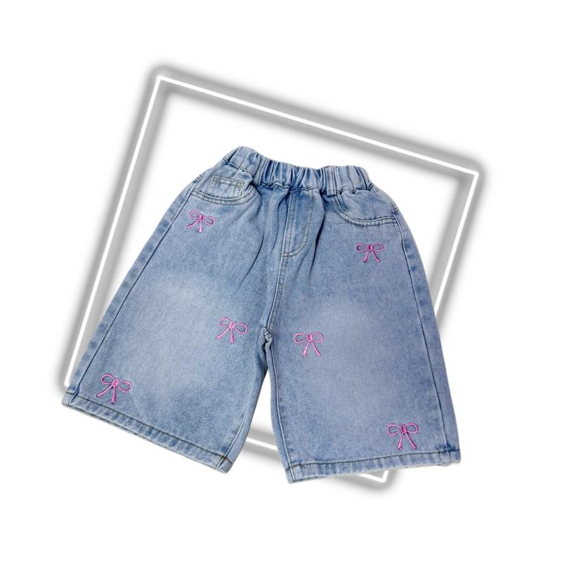 (16-50kg) short jean bé gái thêu nơ hồng , ngang gối (mã Theu-40 ) quần sooc bò sành  điệu