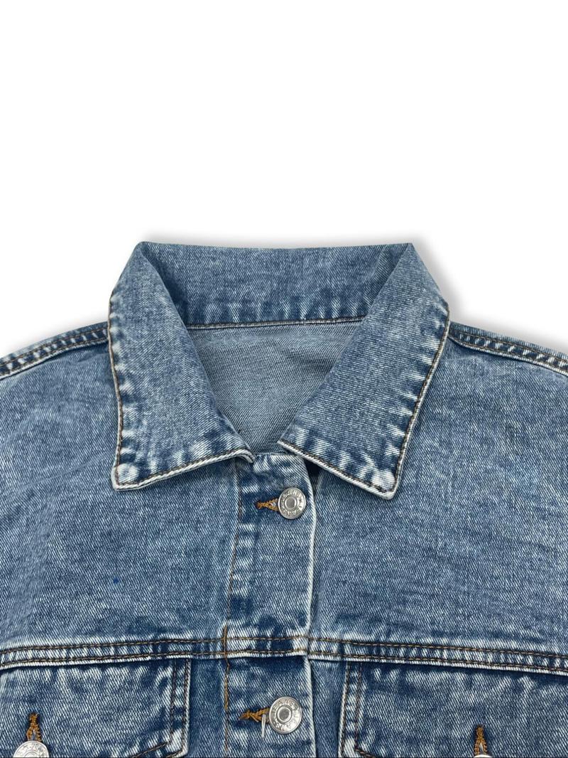 Product Introduction of Women's Distressed Denim Jacket, Fashion Casual Long Sleeve Button Up Outerwear for Daily Wear, Ladies Clothes for All Seasons 6