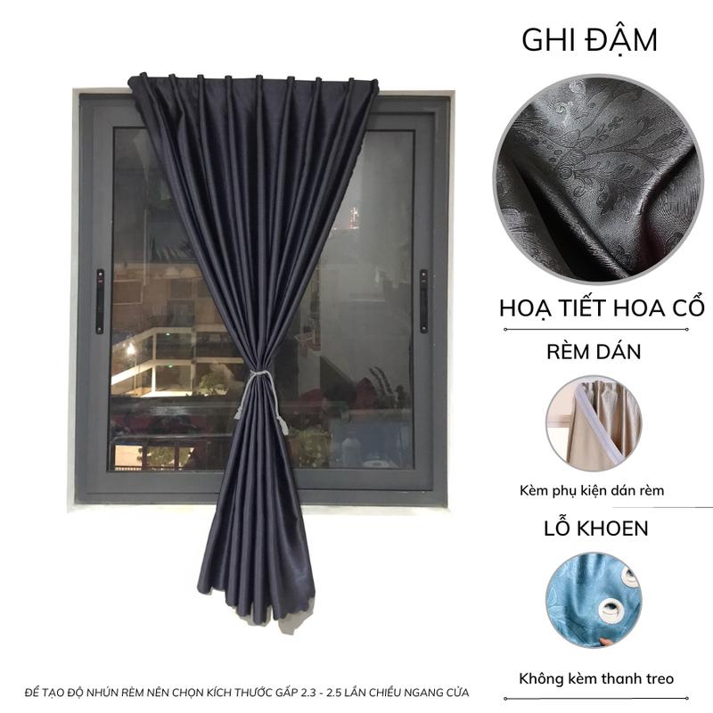 Rèm cửa sổ Minh Tâm Decor loại I dán tường   tặng kèm phụ kiện  rèm lỗ khoen   không kèm thanh treo  trang trí chống nắng chất liệu gấm dệt 3 lớp - màu GHI ĐẬM HOA CỔ ĐIỂN 