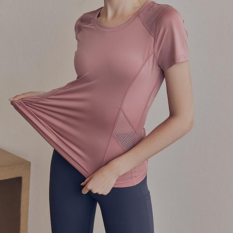 Woman-Yoga Clothes Summer Mesh Stitching Short Sleeve Sports Thin Breathable T-shirt Running Quick-Drying Fitness Dancing Daily 3