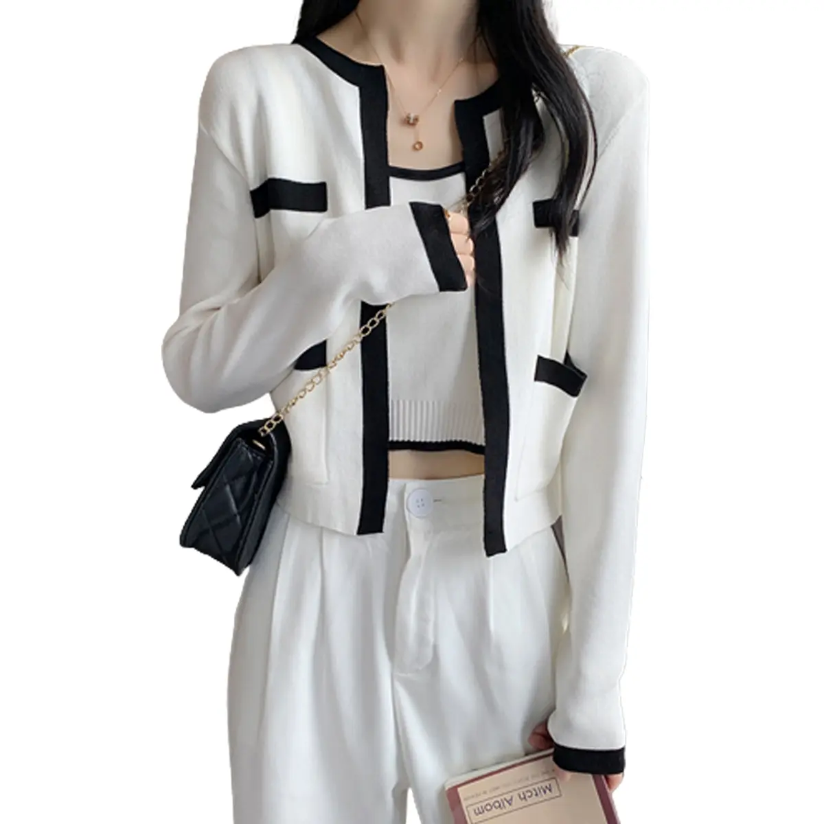 CARDIGAN TANK TOP SET 2 PCS RAJUT WANITA Baju Hitam Putih Kombinasi Atasan Basic Setelan Outer Tanktop
