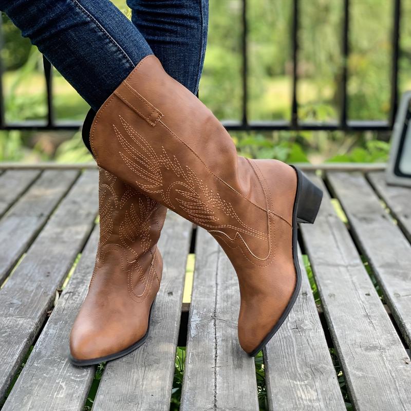 Women's Solid Color Chunky Heel Boots, Fashion Point Toe Mid Calf Boots, Stylish Western Cowboy Boots 3