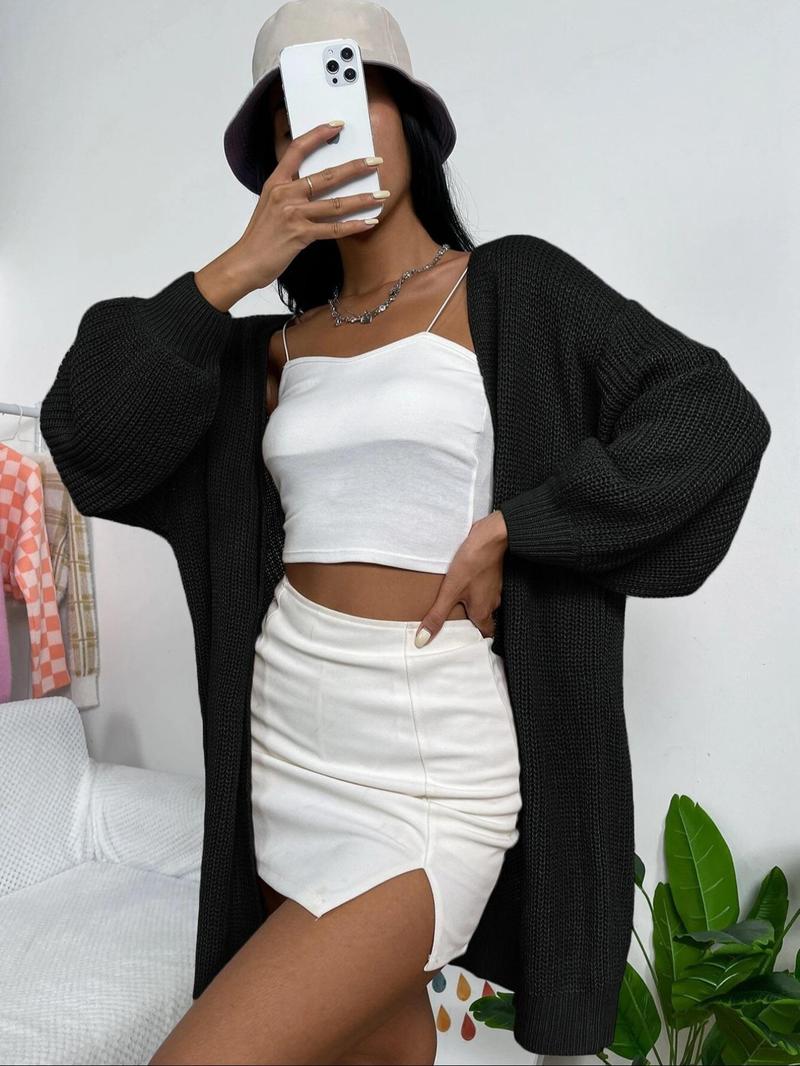 Product Introduction of Women's Solid Hollow Out Bishop Sleeve Midi Cardigan, Casual Long Sleeve Open Front Knitwear for Fall & Winter, Women's Knit Clothing for Daily Wear 4