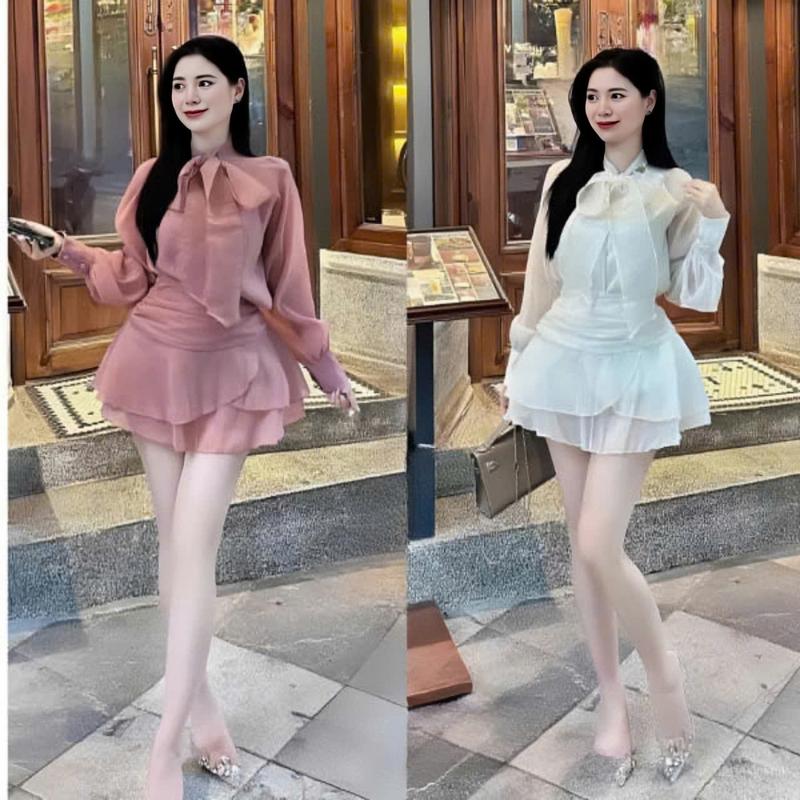 Set váy voan tơ 2 lớp thiết kế dày tay bồng phối dây thoắt nơ mix chân vấy ngắn xếp tầng nhún eo có lót xinh xắn dể thương dành cho các nàng diên đi chơi đi tiệc. Women