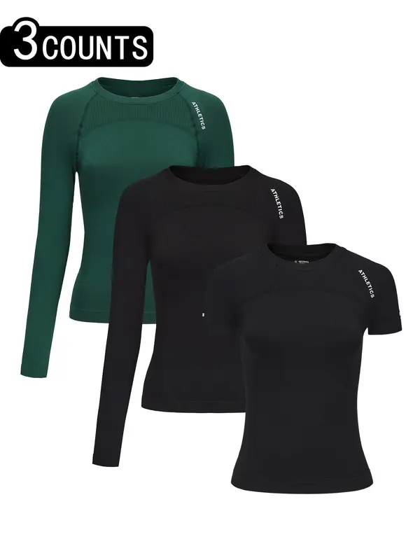 Women's Letter Print Baselayer Top, Long Sleeve Round Neck Compression Top for Yoga Gym Workout, Going Out Tops, Ladies Sportswear for Fall & Winter, Gym Wear, Workout Clothes Women, Athletic Style Activewear 6