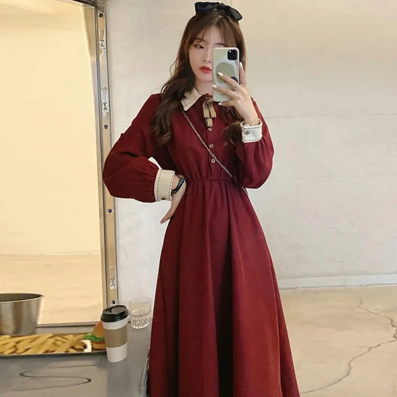 Váy Giáng Sinh, Dành Cho Nữ, Màu Đỏ, Dài Tay, Thích Hợp Cho Đầu Xuân Và Mùa Thu, Phong Cách Tình Yêu Đầu Tiên Nhẹ Nhàng Kiểu Pháp, Váy Dài Nhỏ MTM560 0