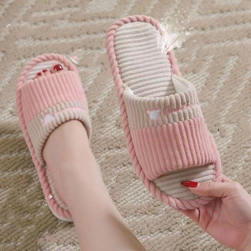 ￼Dép Đi Trong Nhà Mùa Đông , Dép Vải Lanh Kẻ Ngang Đế Cao Su Chống Trơn Trượt Thời Trang DéP Dép Lê Slipper Jean Hoa Nữ Có Quai 8