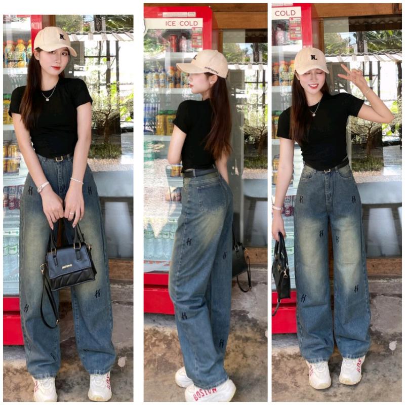 Quần jean thêu chữ H màu xanh phụ bụi(màu dơ bụi)