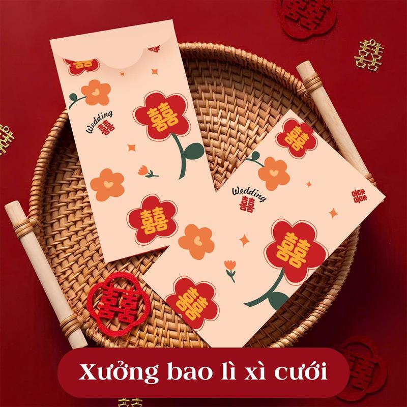 Phong bao lì xì cưới cô dâu chú rể chữ hỷ trao duyên bê tráp 1