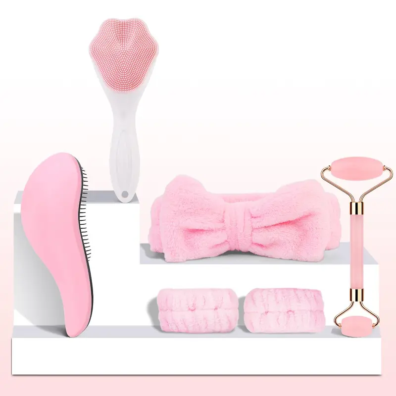 Facial Massage Tool Set, 6 Counts/set Double-ended Roller Massager & Hair Band & Wristband & Long Handle Comb & Silicone Scrubber, Skin Care Tool for Women 2