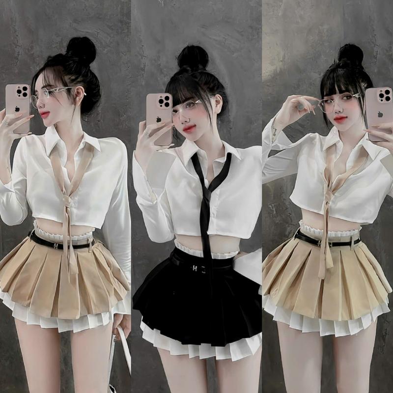 Set sơ mi dài tay croptop cà vạt kèm chân váy xếp ly nhún eo phối tầng trắng. Nữ Áo Women Kem xoè
