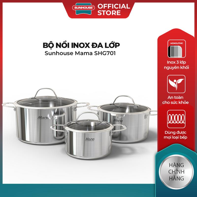 Bộ nồi inox đáy liền nguyên khối SUNHOUSE MAMA SHG701 - Dùng được với mọi loại bếp - Đường kính 16cm - 20cm - 24cm - Sản xuất tại Việt Nam