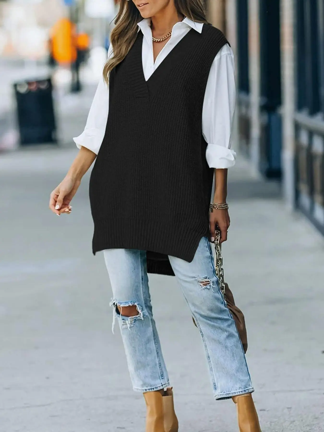 【Plus Size】 Solid Color Split Hem V Neck Knit Tank Top without Shirt, Casual Sleeveless Knitwear for Fall & Winter, Women's Clothing for Daily Wear
