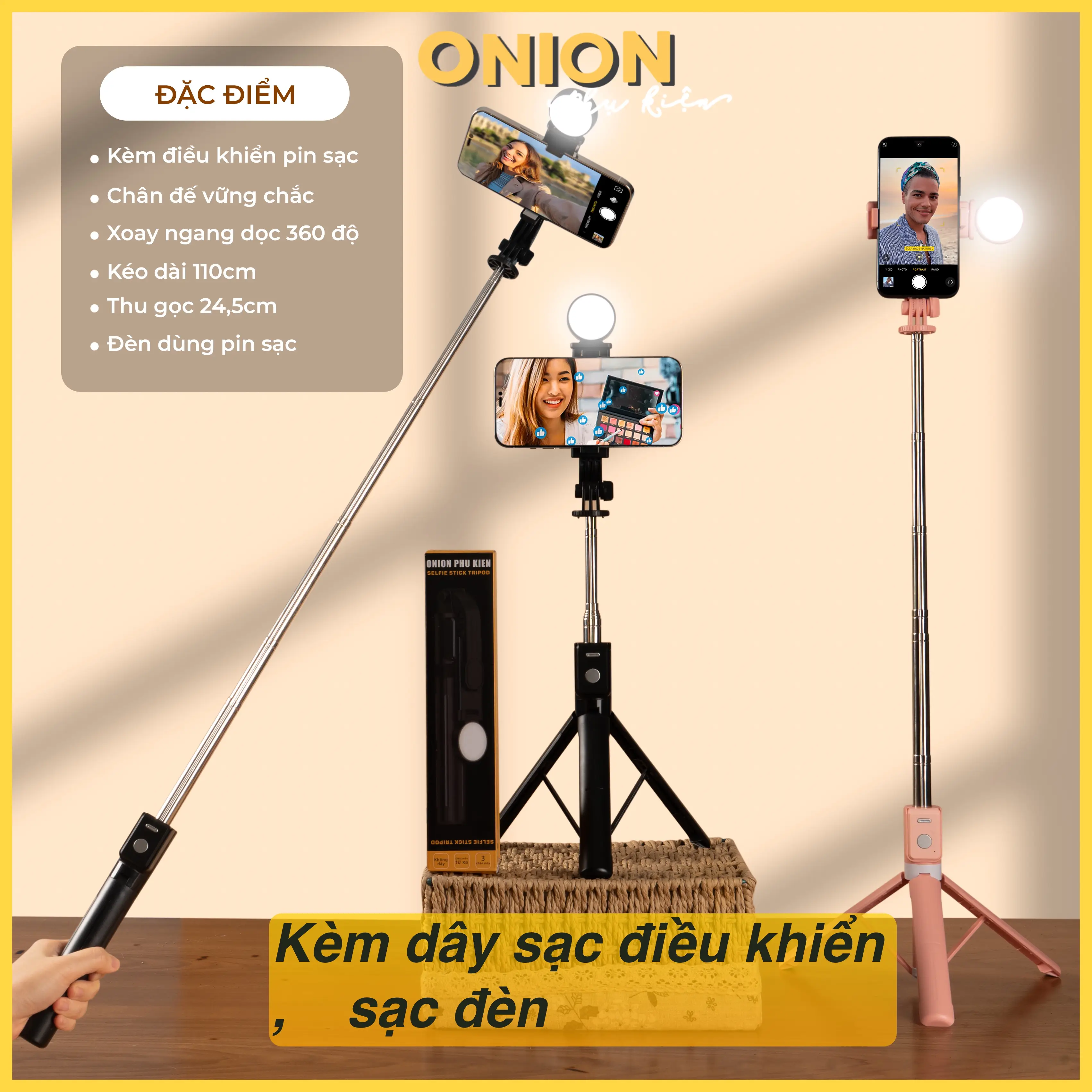 Gậy chụp ảnh 3 chân Onion đa năng kéo dài, kèm đế dựng tripod, đèn trợ sáng và điều khiển pin sạc Kem Selfie Phụ Kiện