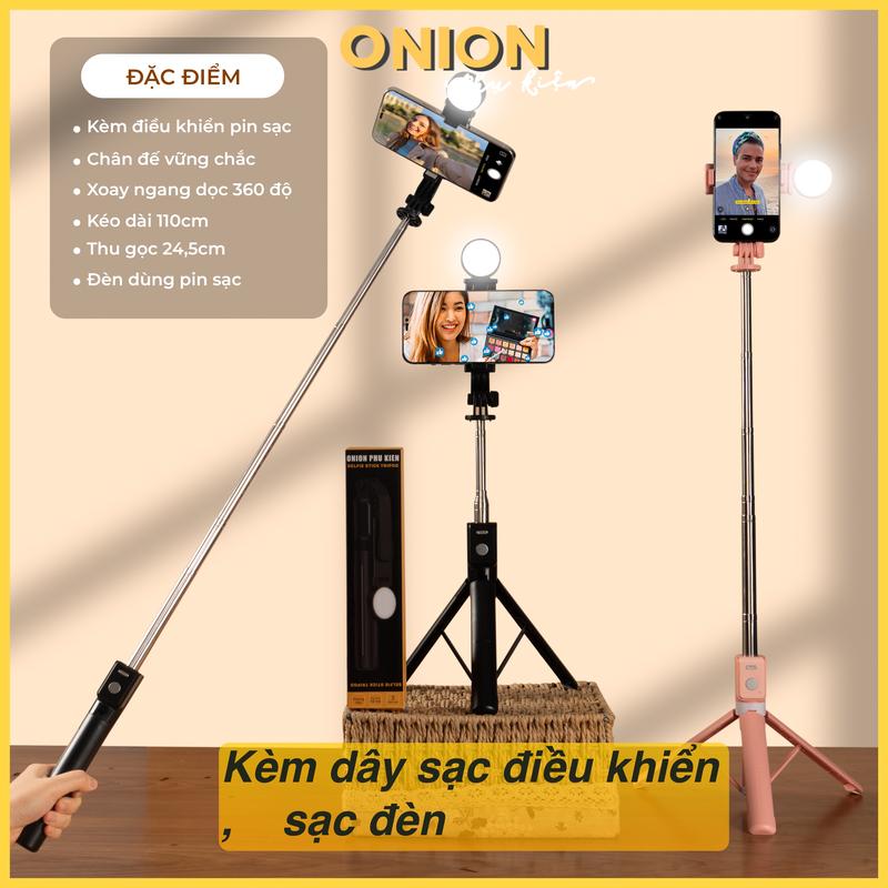Gậy chụp ảnh 3 chân Onion đa năng kéo dài, kèm đế dựng tripod, đèn trợ sáng và điều khiển pin sạc Kem Selfie Phụ Kiện