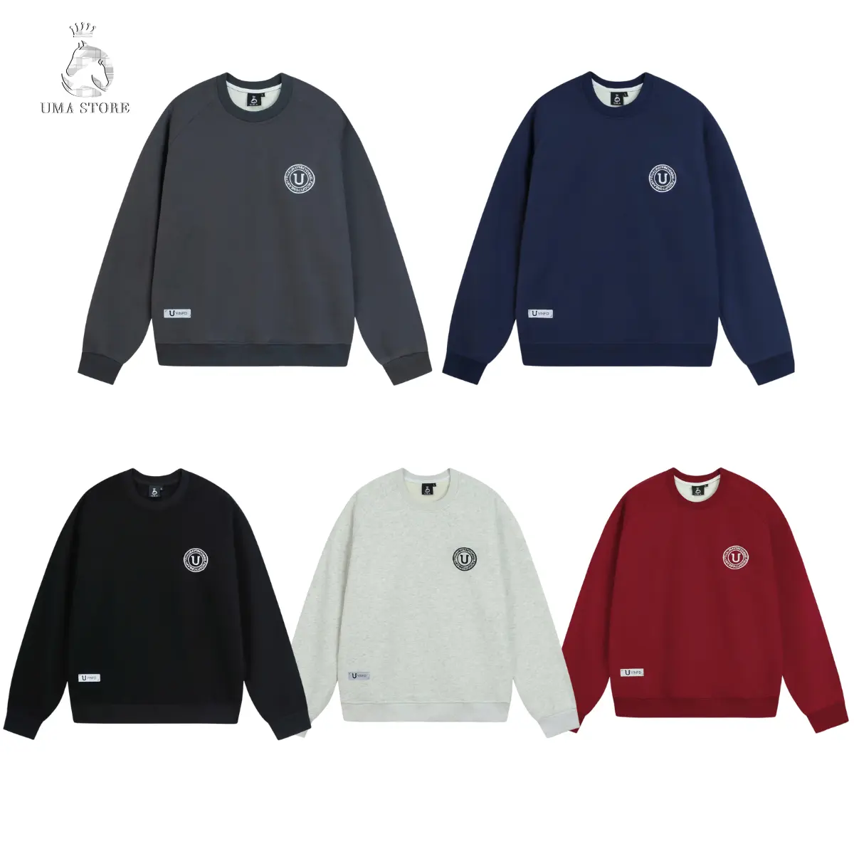 Áo sweater UMA nam form rộng, vải nỉ lông cáo thêu U cổ tròn Tay Dài