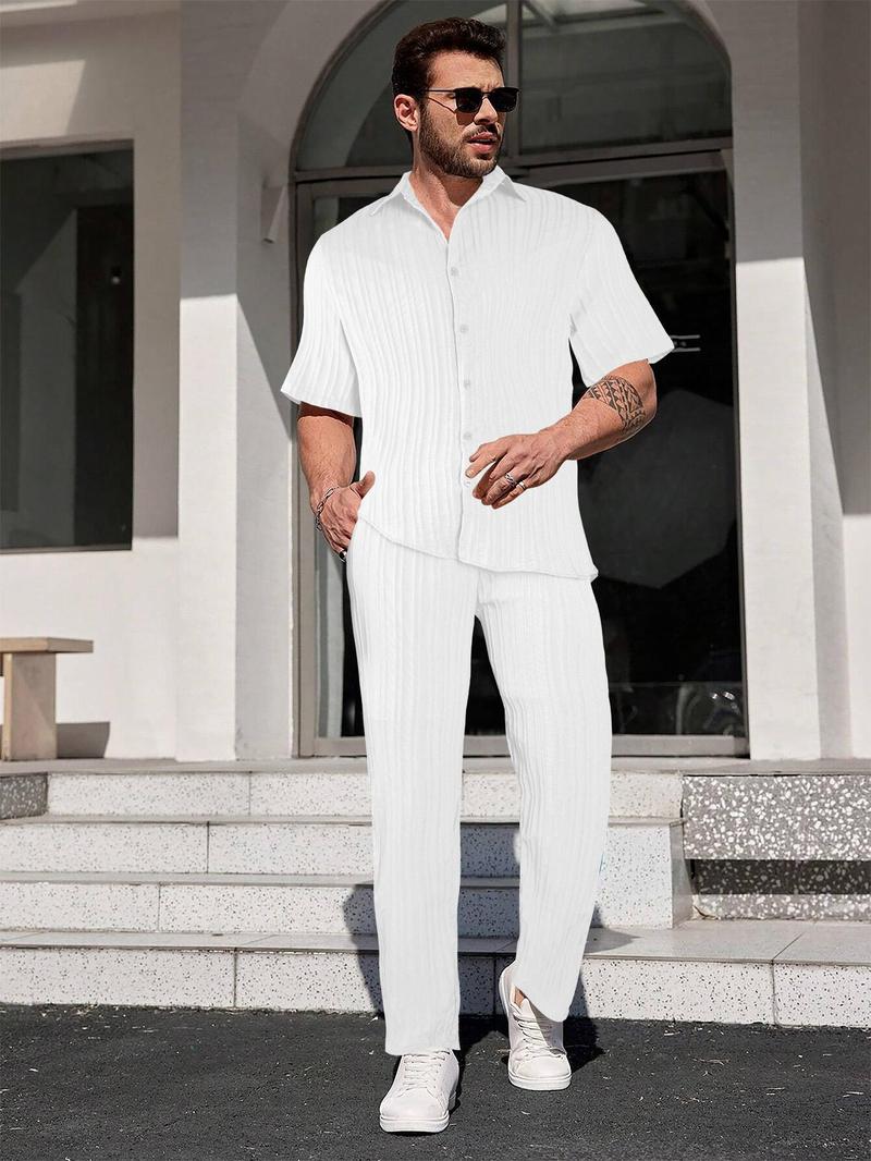 Product Introduction of Two-piece Set Men's Solid Textured Button Front Shirt & Drawstring Waist Pants, Loose Casual Short Sleeve Collared Top & Pocket Trousers for Beach Vacation, Men's Two-piece Outfits for All Seasons 18