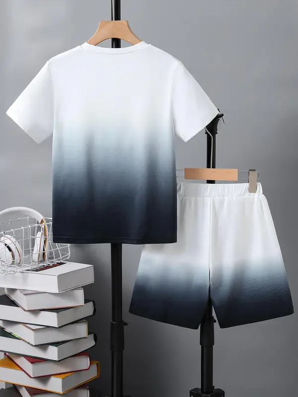 Boy's Ombre Letter Print Short Sleeve T-shirt Tee & Elastic Waist Shorts Set, Summer Outfits 2024, Summer Sets, Kids Clothing, Comfort Cozy Casual Summer Outfits Clothes for Kids, Festival Outfit 2024 1