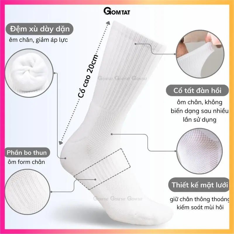 Hộp 5 đôi tất xù GOMTAT cổ cao trơn nam nữ, vớ cao cổ có đệm xù cotton mềm mại êm chân, hút ẩm, thoáng khí, khử mùi, Menswear - TATXU-TRON-CB5 3