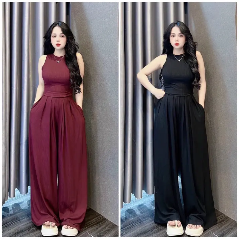Set bộ áo ba lỗ quần xuông ống rộng thun tăm ( quần dài 105)