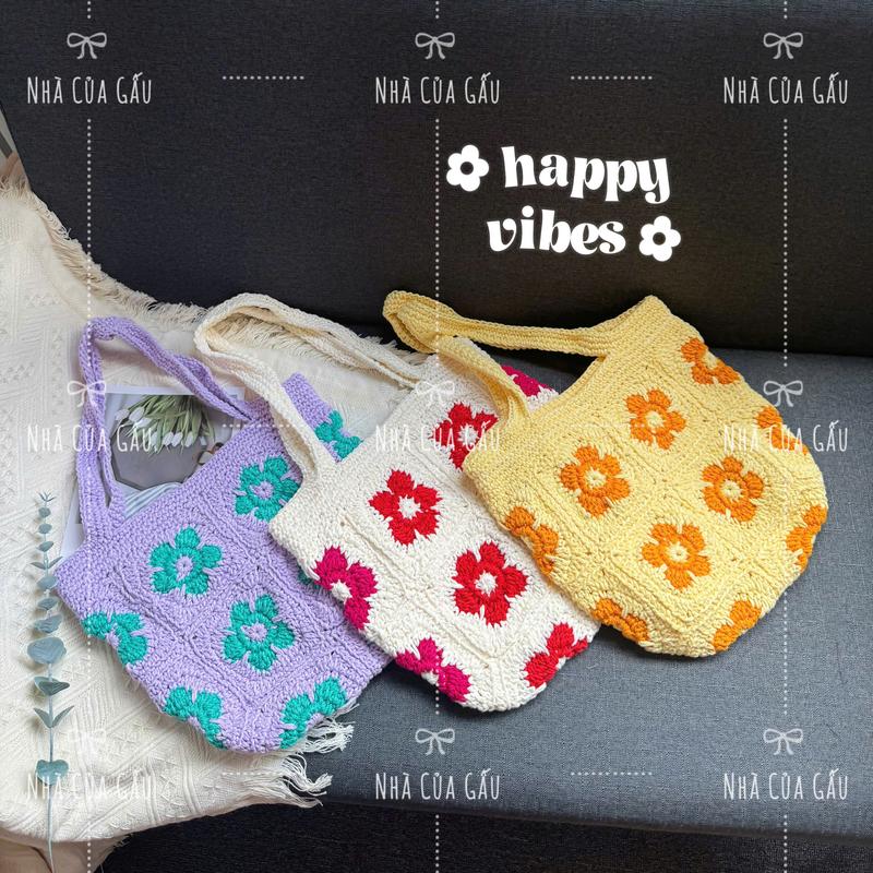 Túi len đeo vai đan tay handmade họa tiết hoa siêu xinh