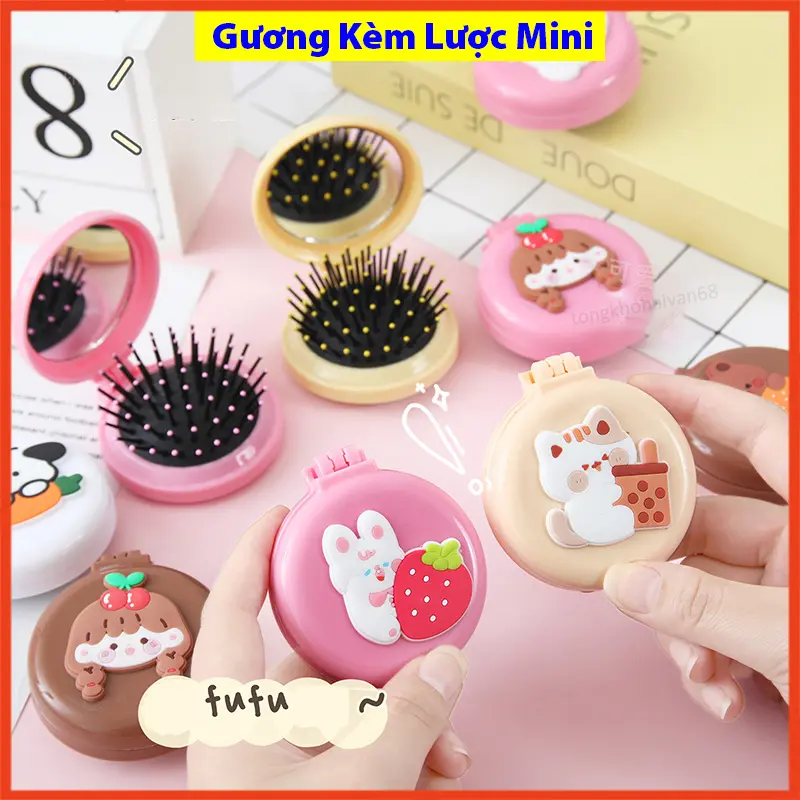 Gương lược mini trải đầu massage có thể gấp gọn, bỏ túi tiện lợi phong cách cute dễ thương