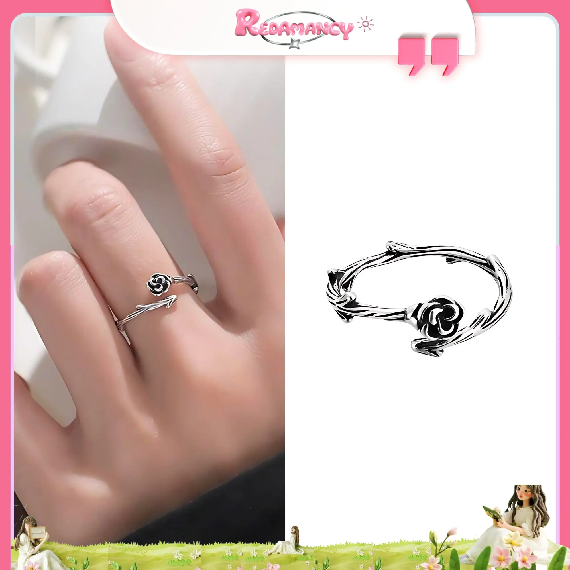 [REDAMANCY] Nhẫn hoa hồng đen chất liệu bạc thái cao cấp 925 phụ kiện thời trang quà tặng 1402