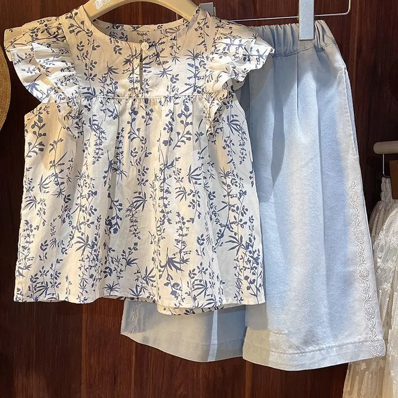 Sut musim panas untuk kanak-kanak perempuan, baju lengan pendek baharu untuk kanak-kanak, Fesyen bunga, lengan terbang, anak patung Baju