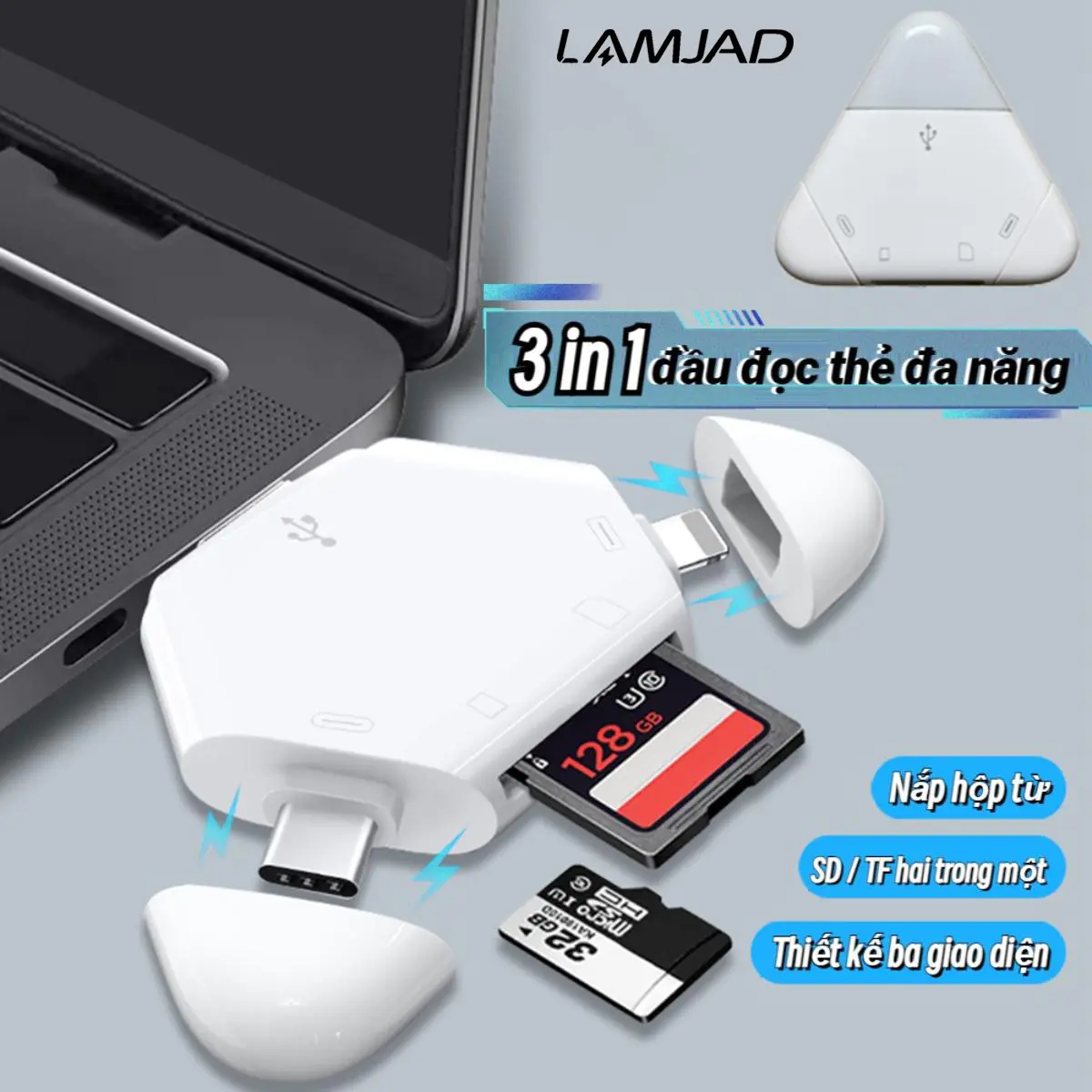 Đầu Đọc Thẻ 3 Trong 1 Khe Cắm Kép Tam Giác TF / Micro-SD Thẻ Nhớ Bộ Chuyển Đổi OTG Cho Điện Thoại Di Động