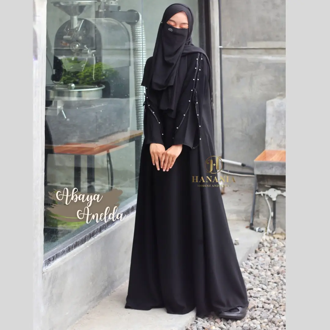 Abaya/gamis Anelda jetblack hitam Muslim Kombinasi Sifon Mutiara by hanania